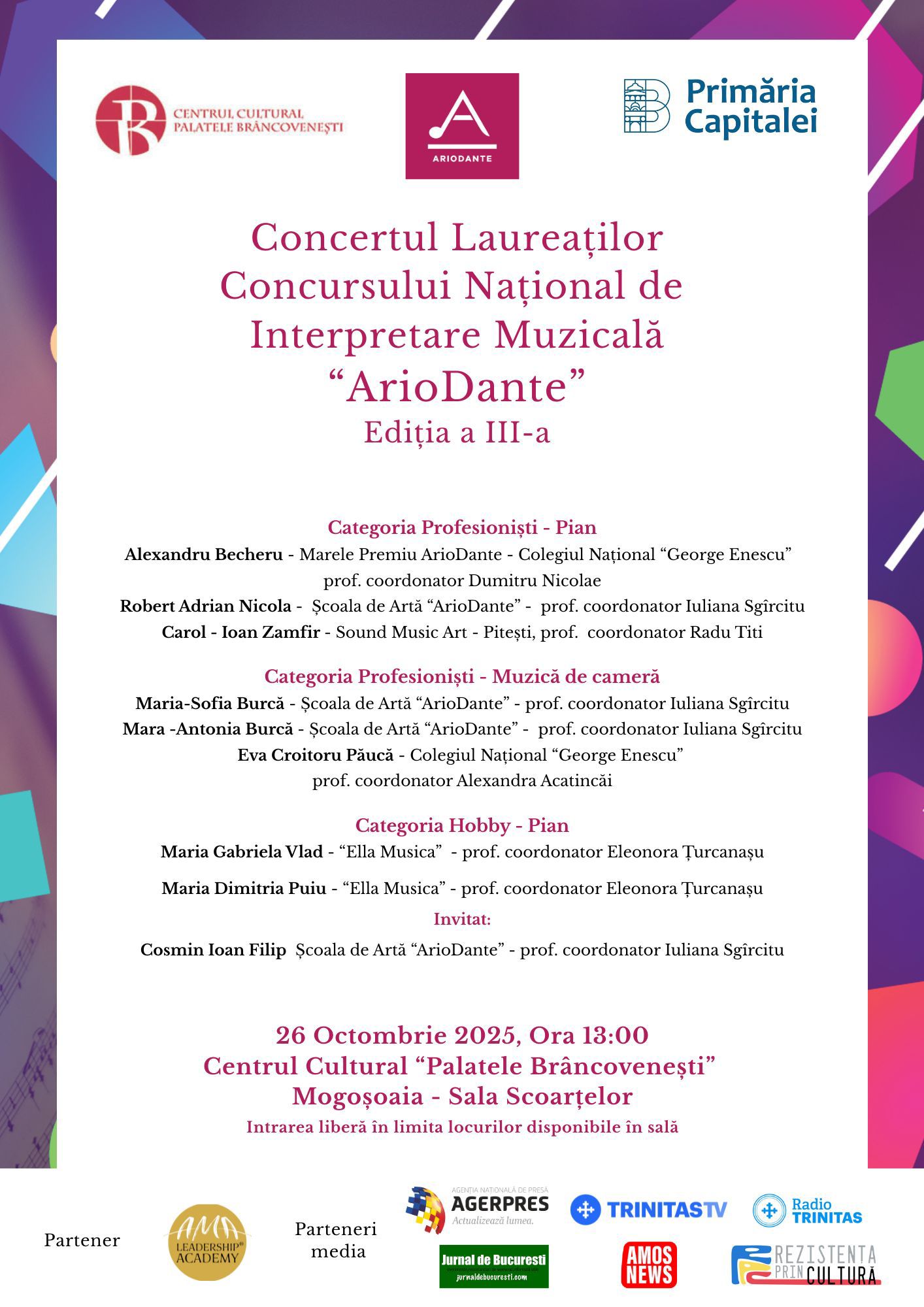 Afis Concertul Laureaților Concursului Național de Interpretare Muzicală „ArioDante”, ediția a III-a